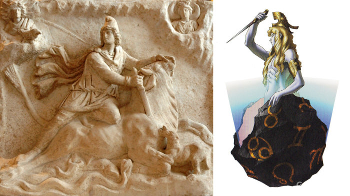 左：罗马帝国时代的密特拉屠牛图；右：《真女神转生》系列希腊-罗马世界的密特拉（Mitras）