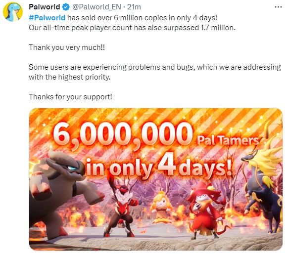 幻兽帕鲁销量突破600万 最高在线破170万
