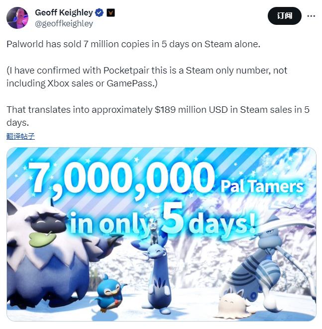 《幻兽帕鲁》已公布销量全部来自Steam 销售额约1.89亿美元