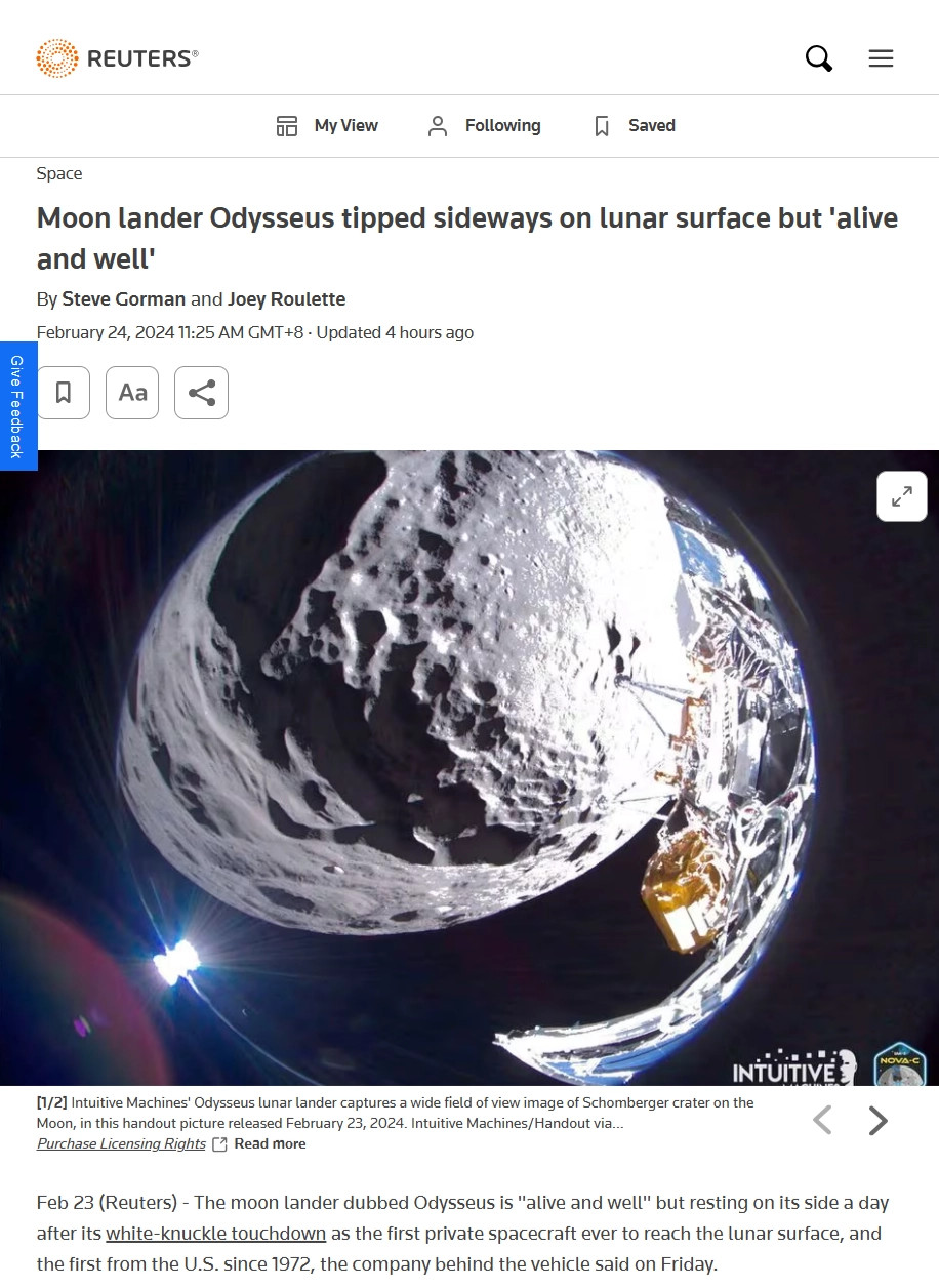 美航天器“奥德修斯”在月球着陆时发生侧翻 但目前运行正常
