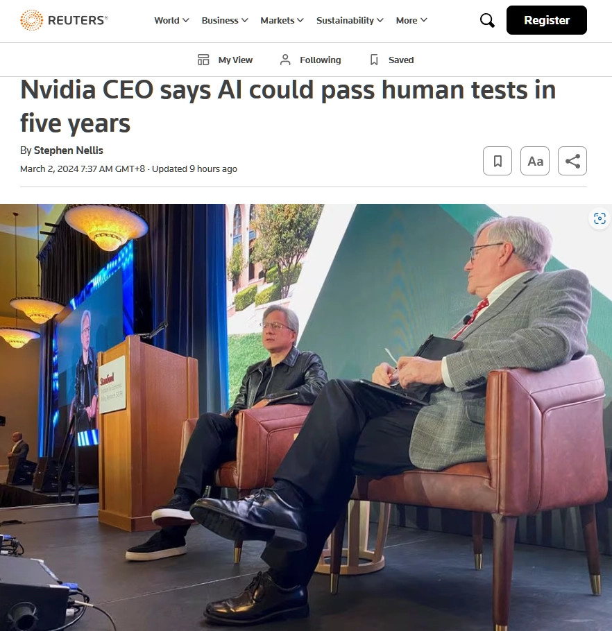 黄仁勋：通用人工智能预计最快五年内问世 可通过任何人类测试