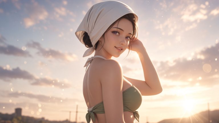 夕照海岸的紫眸回望