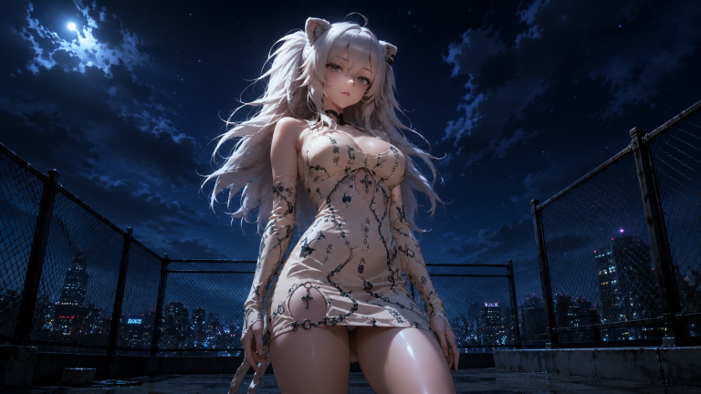 星夜围栏下的银发魅影