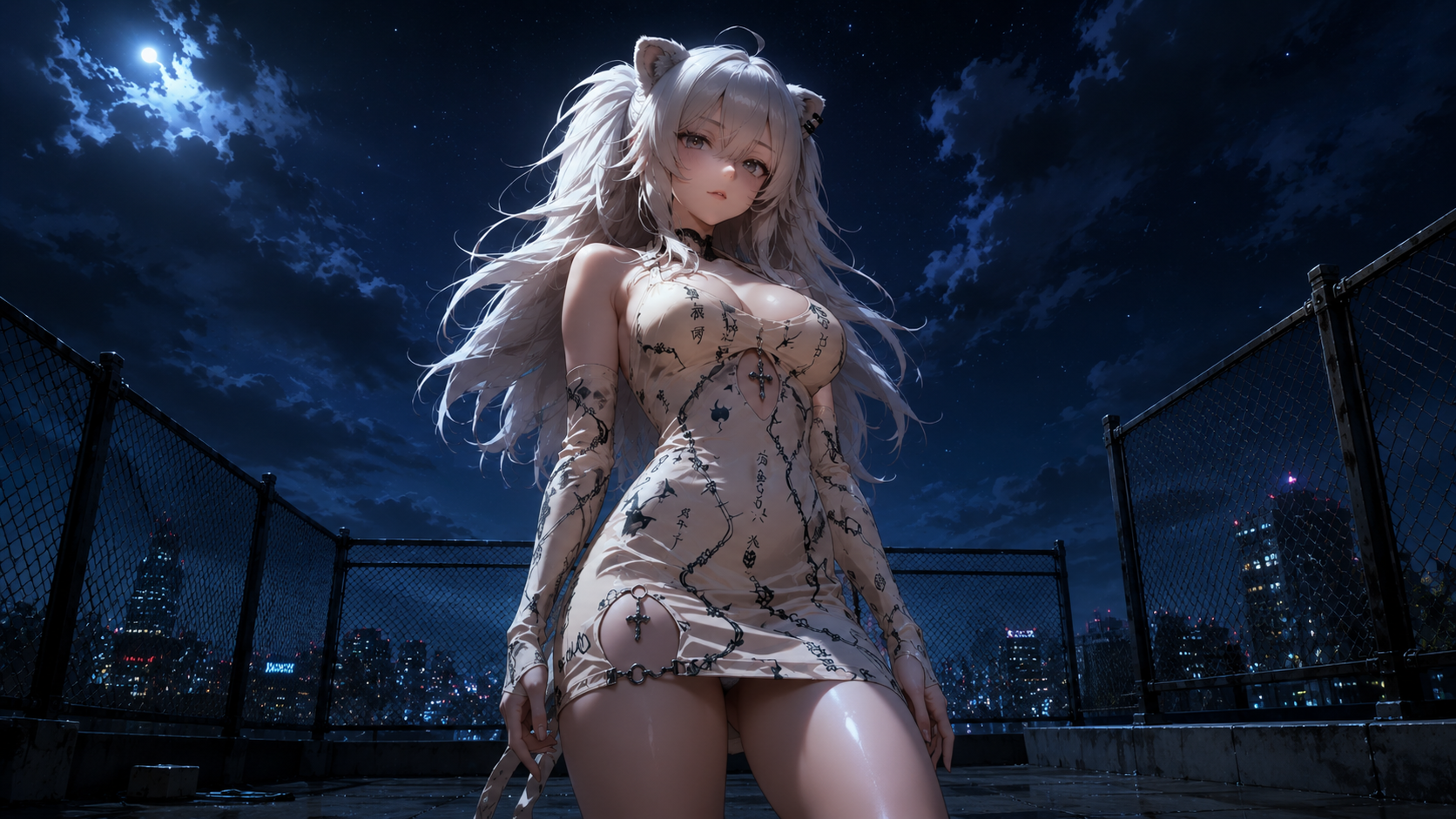 星夜围栏下的银发魅影