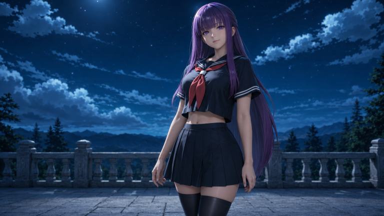 月夜紫影：星空下的紫发少女