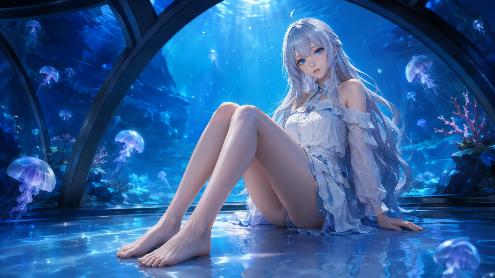 水母幻境：银发旅人的深海凝望