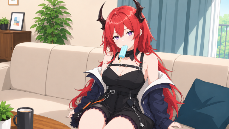夏日客厅里的红发角饰少女
