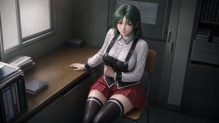 静谧研究室里的绿发女学生