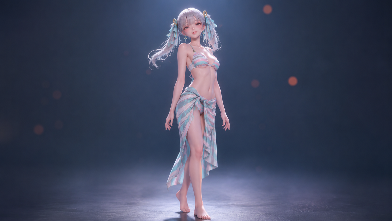 蓝夜流光下的银发少女